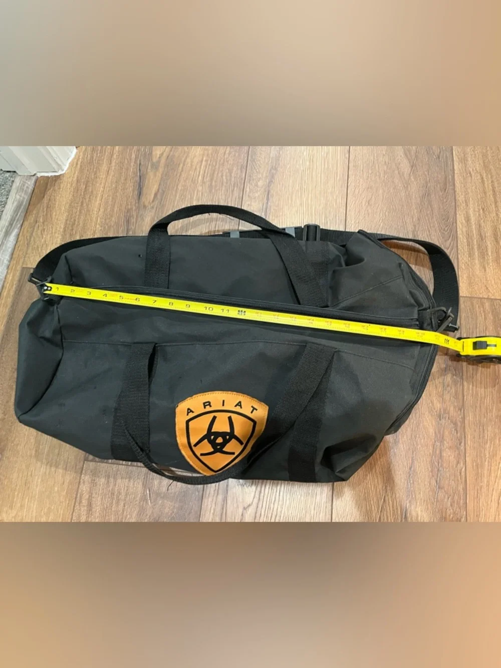 Ariat Black Duffel Bag Gear Weekender Gym Bag Orange Shield Logo Equestrian
